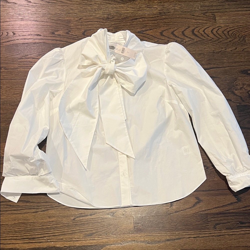 Anthropologie White Bow Tie Puff Sleeve Blouse